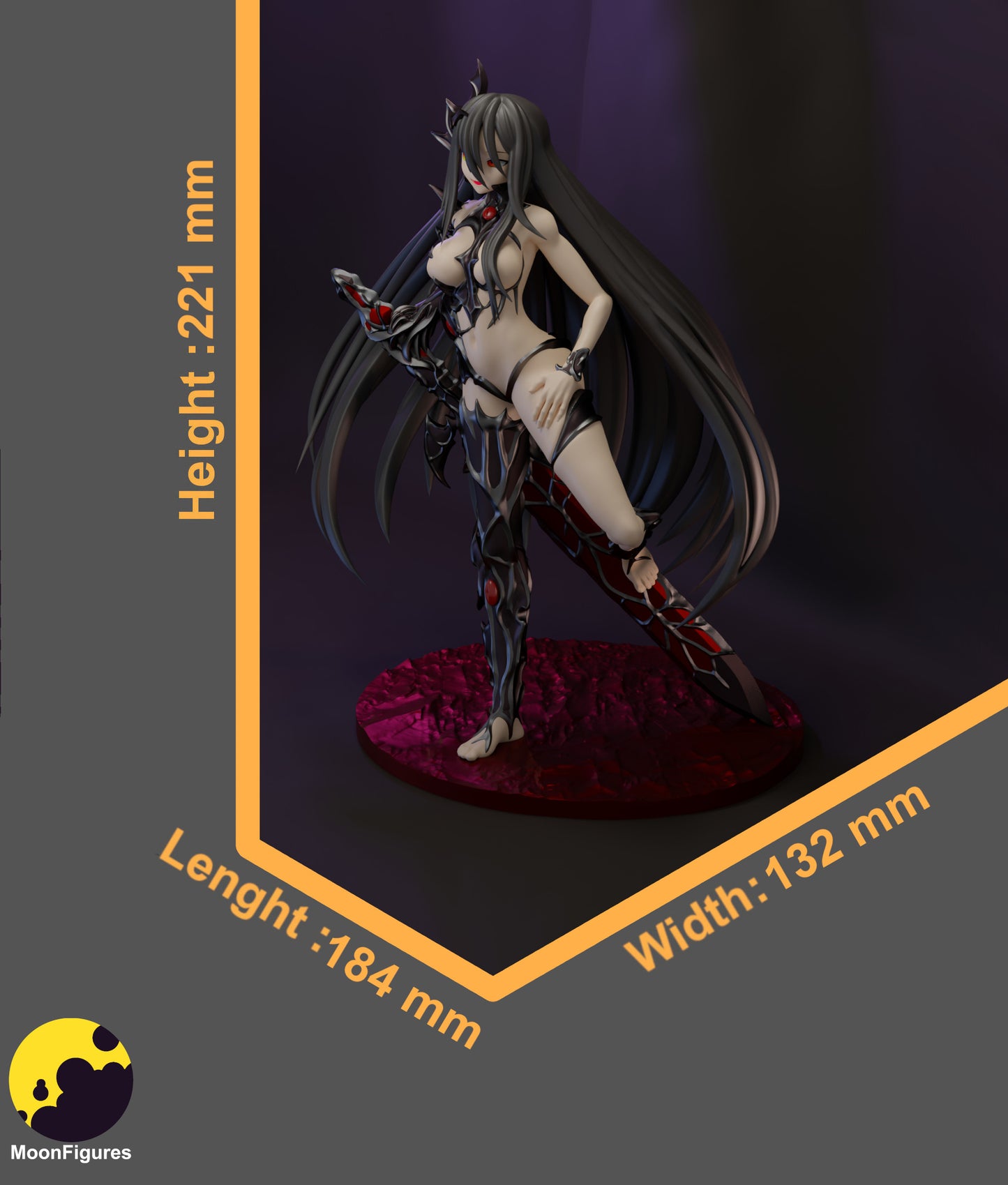 Cursed Sword figure size reference showing height 221mm, width 132mm, and length 184mm with assembled pose, long hair flowing behind, raised leg stance, demon armor details, and greatsword resting on the base.