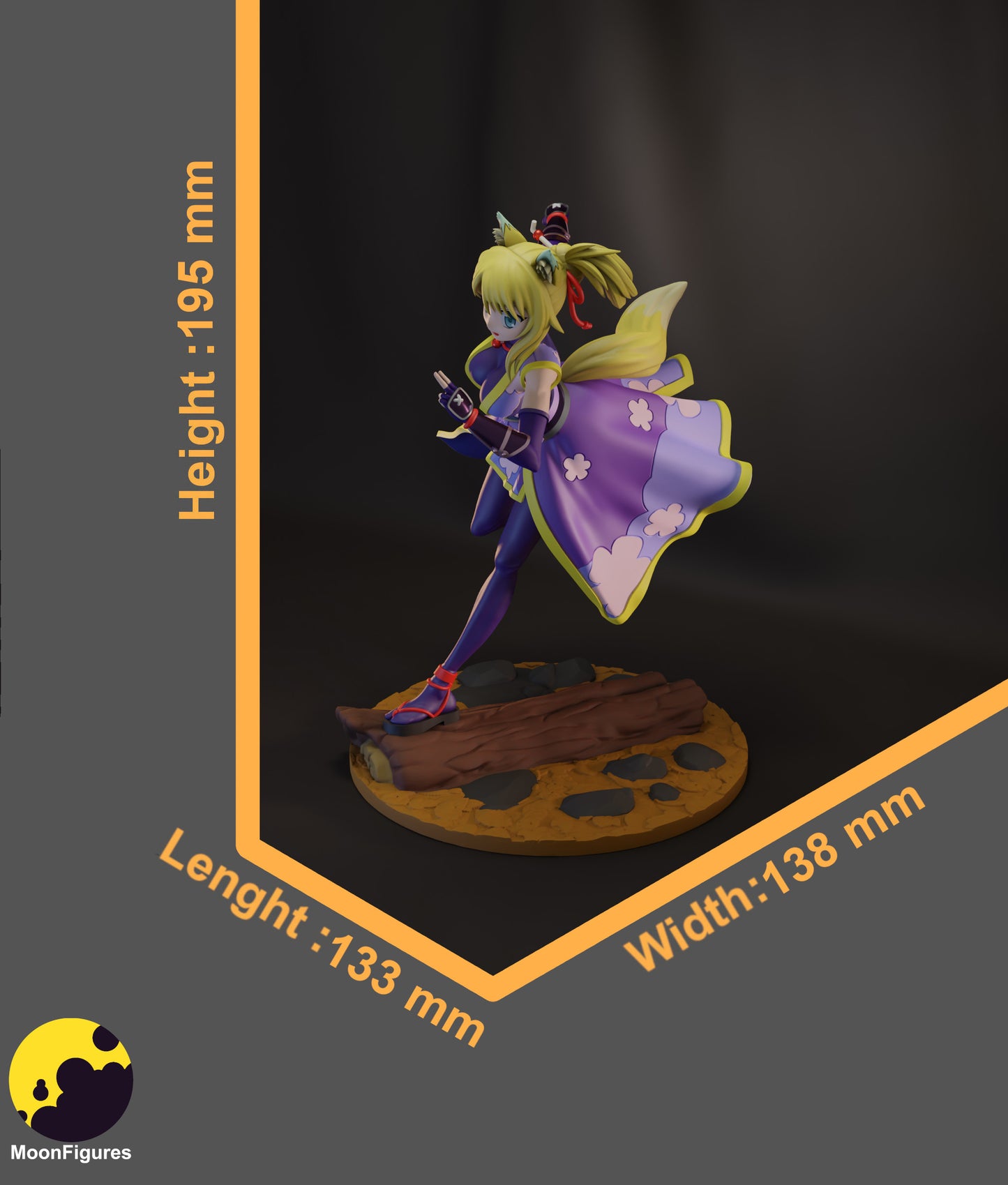 Yukikaze Panettone figure size reference showing height 195mm, length 133mm, and width 138mm with dynamic running pose, outstretched arm, fox ears, long hair, kimono-style outfit, and log-and-rock base.