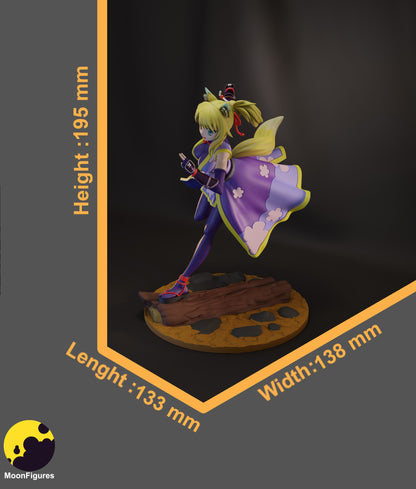 Yukikaze Panettone figure size reference showing height 195mm, length 133mm, and width 138mm with dynamic running pose, outstretched arm, fox ears, long hair, kimono-style outfit, and log-and-rock base.