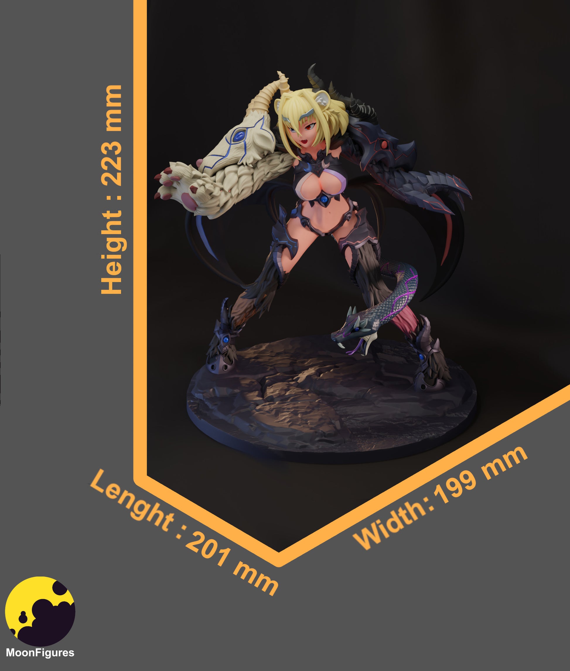 Chimera figure size reference showing height 223mm, length 201mm, and width 199mm with full assembled pose, dragon wings extended, serpent tail wrapped around legs, and beast gauntlet arm raised.