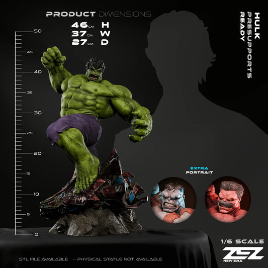 size comp template zez.jpg – Hulk 1:6 scale statue with size chart showing 46cm height, 37cm width, 27cm depth, featuring alternate portraits including Red Hulk and Grey Hulk.