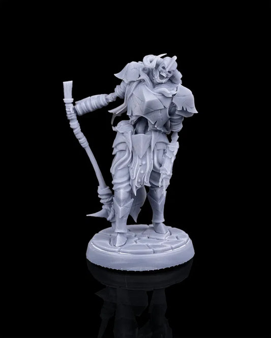 Skeletal berserker miniature front view from Beldrad's Bag of Beasts with heavy armor plates, horned helm, massive weapon held at rest, and imposing undead stance on a stone base for Dungeons & Dragons encounters