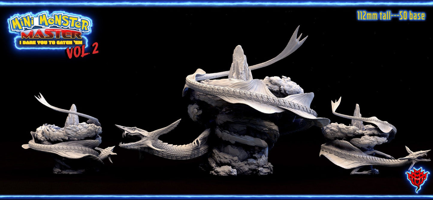 Skyfall Serpent miniature winding around a jagged rock, featuring a long, scaled body and open jaws, poised to strike.