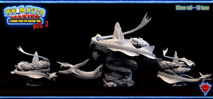 Skyfall Serpent miniature winding around a jagged rock, featuring a long, scaled body and open jaws, poised to strike.