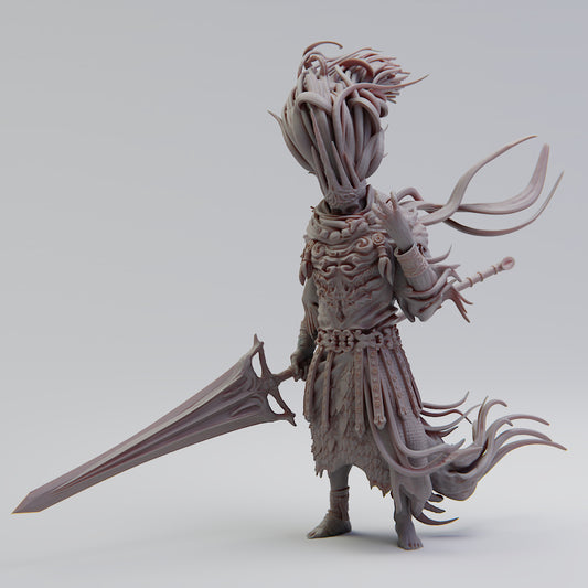 A front view of the Storm Lord 3D miniature, depicting a figure in elaborate armor holding a large sword, with swirling, tendril-like hair.