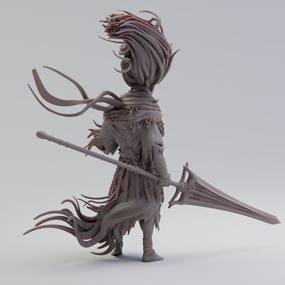 A back view of the Storm Lord 3D miniature, showing flowing tendril-like hair and detailed armor, with a large sword resting on the ground.