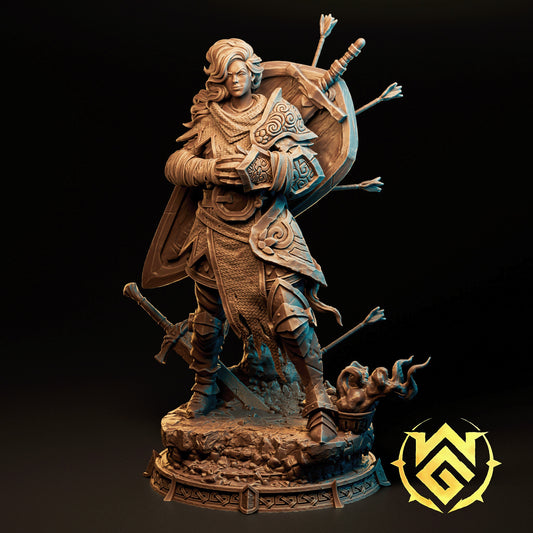 Sloure Gatekeeper human fighter resin tabletop miniature featuring layered plate armor damaged shield embedded arrows sword defensive stance and fantasy guard captain styling for Dungeons and Dragons campaigns