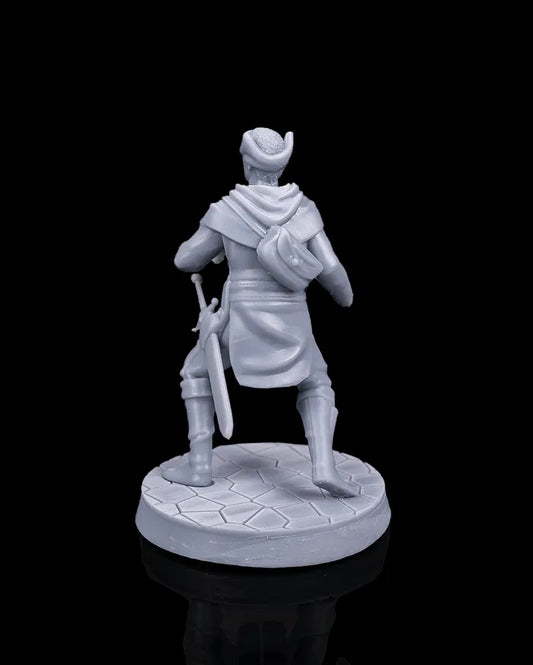 Slugs human rogue NPC miniature rear view showing cloak, belt gear, and sword sheath, fantasy tabletop character from Beldrad’s Bag of Beasts collection