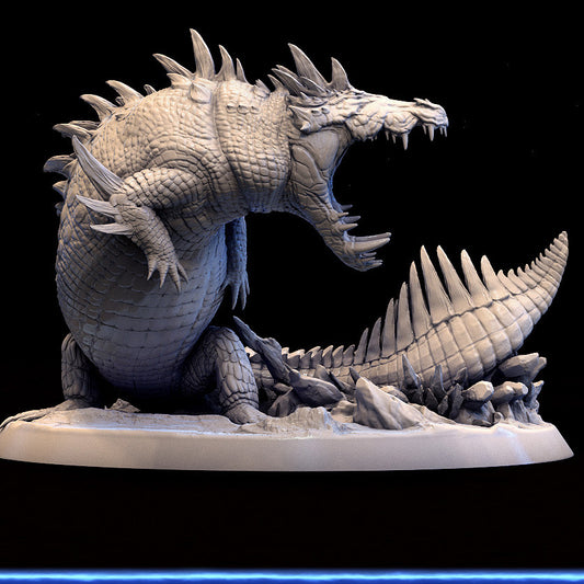 Crocodilian beast Sobek miniature with jaws open wide, detailed scales, and sharp teeth, posed on a rocky base.