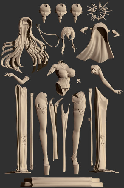 Implacable Azur Lane figure split parts layout showing modular hair, arms, robes, legs, and accessories