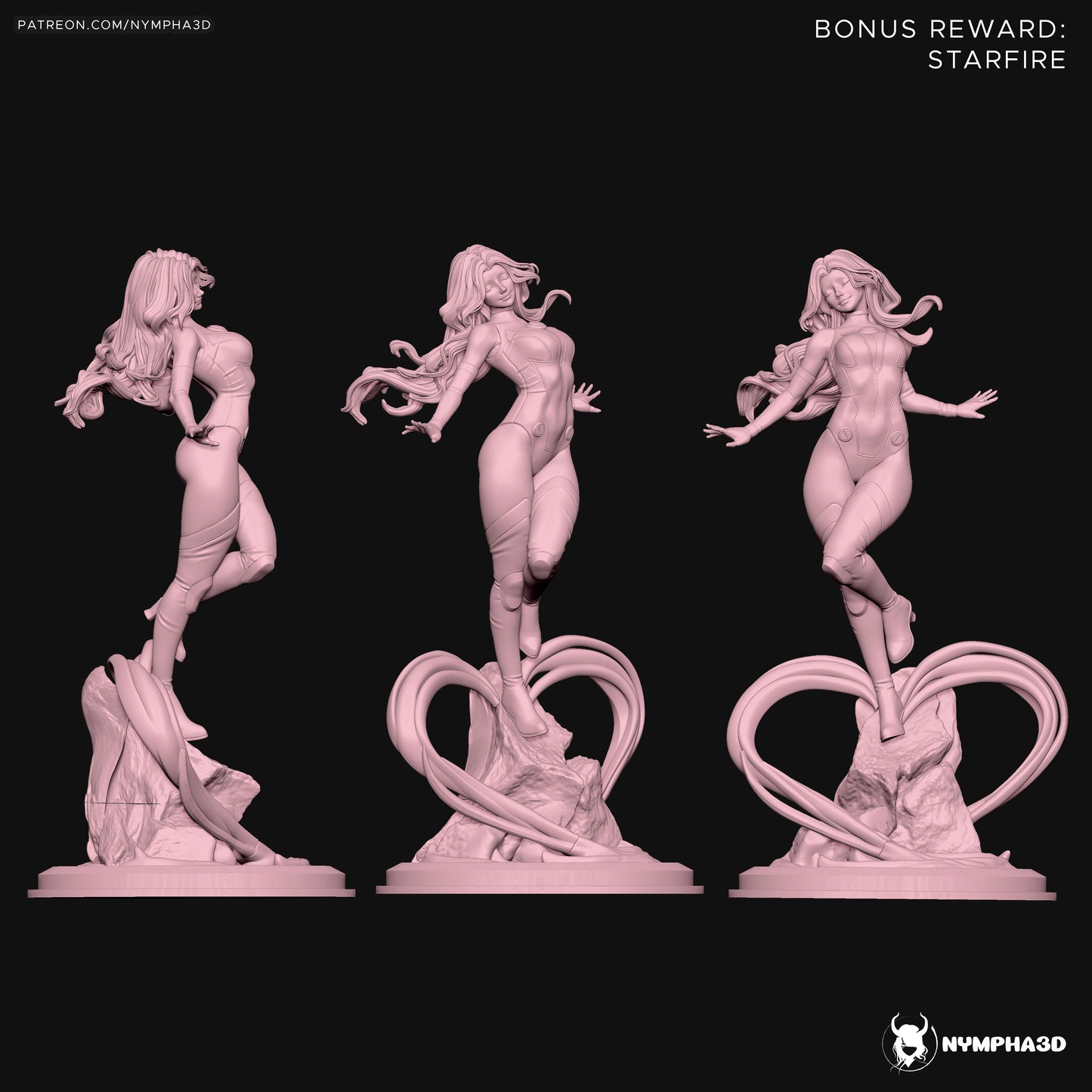 Starfire 1:6 scale statue three-angle view showing flight pose, sculpted bodysuit, flowing hair, rock base, and energy-swirl supports; DC Comics Teen Titans collectible.
