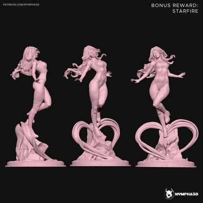 Starfire 1:6 scale statue three-angle view showing flight pose, sculpted bodysuit, flowing hair, rock base, and energy-swirl supports; DC Comics Teen Titans collectible.