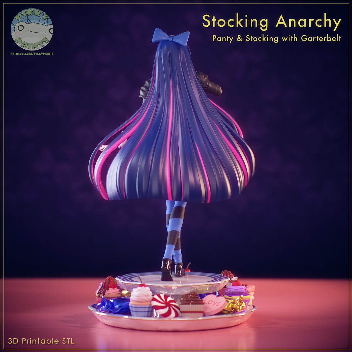 Stocking Panty and Stocking with Garterbelt figure back view showing long flowing hair bow and rear silhouette