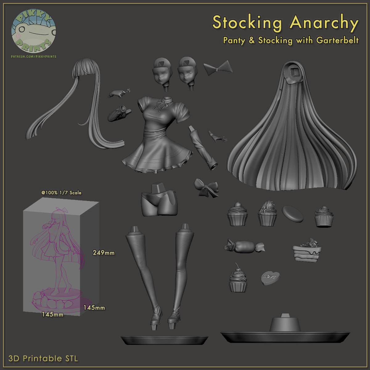 Stocking Panty and Stocking with Garterbelt figure parts layout showing modular hair head body legs base and accessories