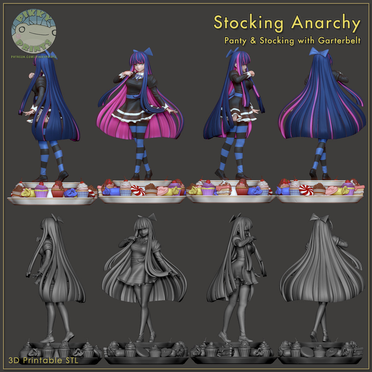 Stocking Panty and Stocking with Garterbelt figure turnaround showing front side back and rear poses on dessert base