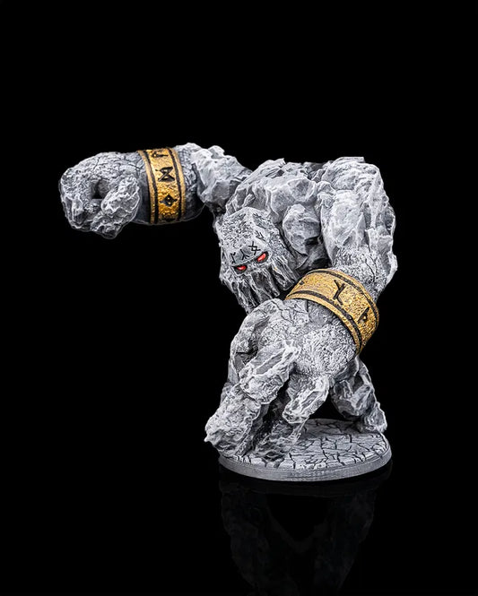 Stone golem miniature front view from Beldrad's Bag of Beasts showing carved stone face, massive arms, rune-banded wrists, and hulking guardian posture, construct monster for tabletop roleplaying games