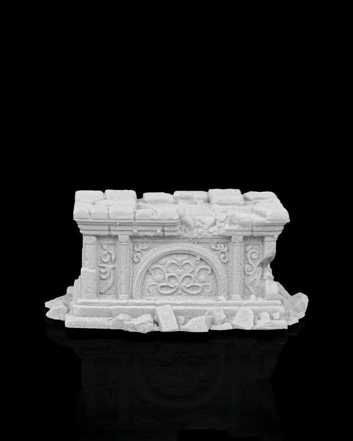 Stone Altar with decorative carving and debris, ruined city terrain