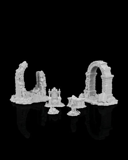 Crumbling stone archway with broken stones and overgrown ruin details