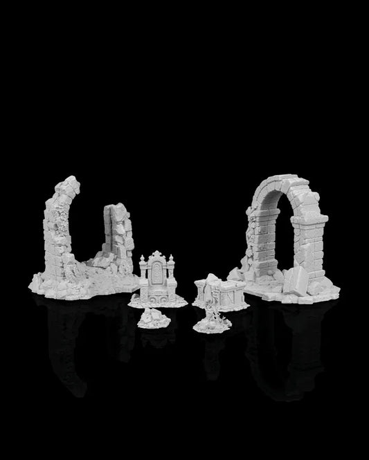 Crumbling stone archway with broken stones and overgrown ruin details