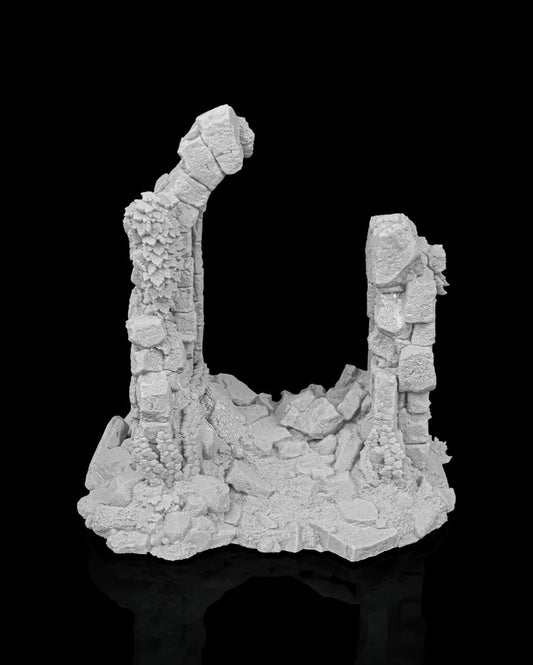 Ruined stone wall section with broken masonry and collapsed base, scatter terrain for tabletop ruins