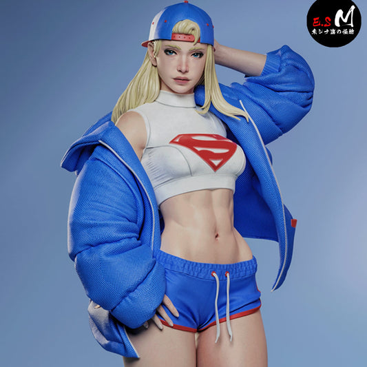 Supergirl DC Comics collectible close-up shorts version with crop top, hoodie, sneakers, and baseball cap.