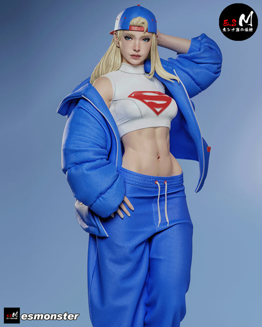 Supergirl DC Comics collectible close-up joggers version with crop top, House of El emblem, hoodie, and baseball cap.