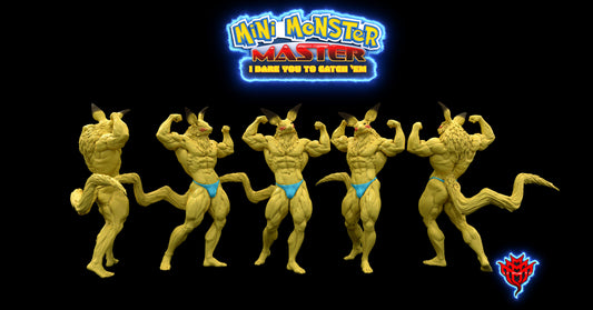 Swolechu 2.0, a muscular yellow creature inspired by Pikachu from Pokémon, with a ripped physique and bright blue swimwear, flexing in various poses.