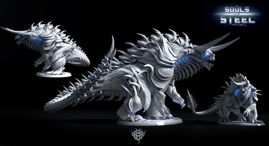 Tarrasques of Chromium Pose 1 viewed from multiple angles to display the coiled tail, horned face, and full side profile. The base is smooth and flat for a cleaner battlefield presence.