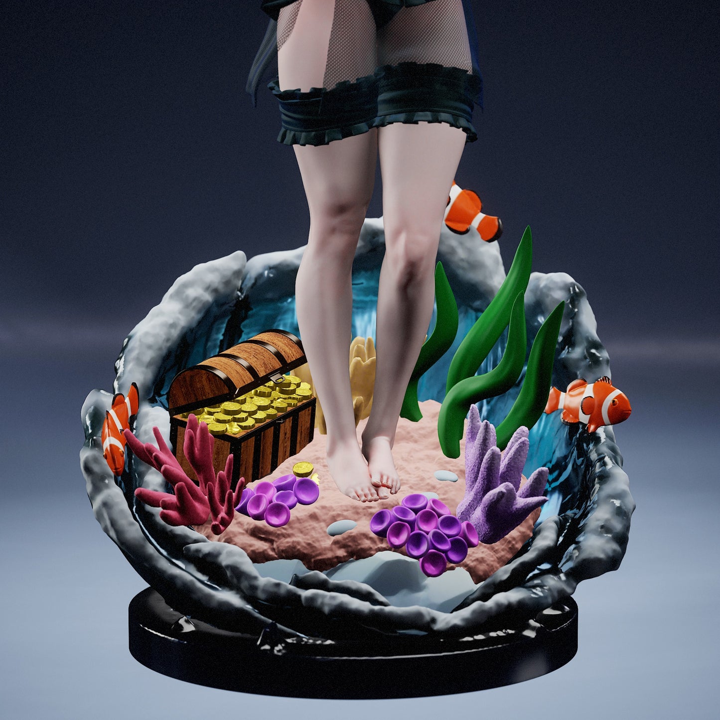 Close-up of Tatsumaki One Punch Man figure base showing coral reef, treasure chest, and clownfish details – 1:7 scale collectible figure base design.
