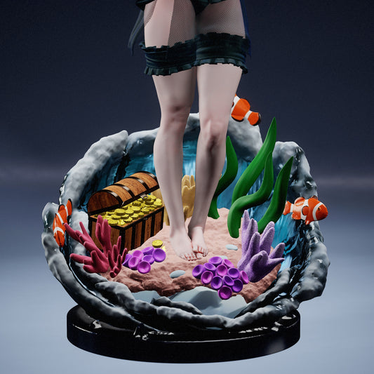 Close-up of Tatsumaki One Punch Man figure base showing coral reef, treasure chest, and clownfish details – 1:7 scale collectible figure base design.