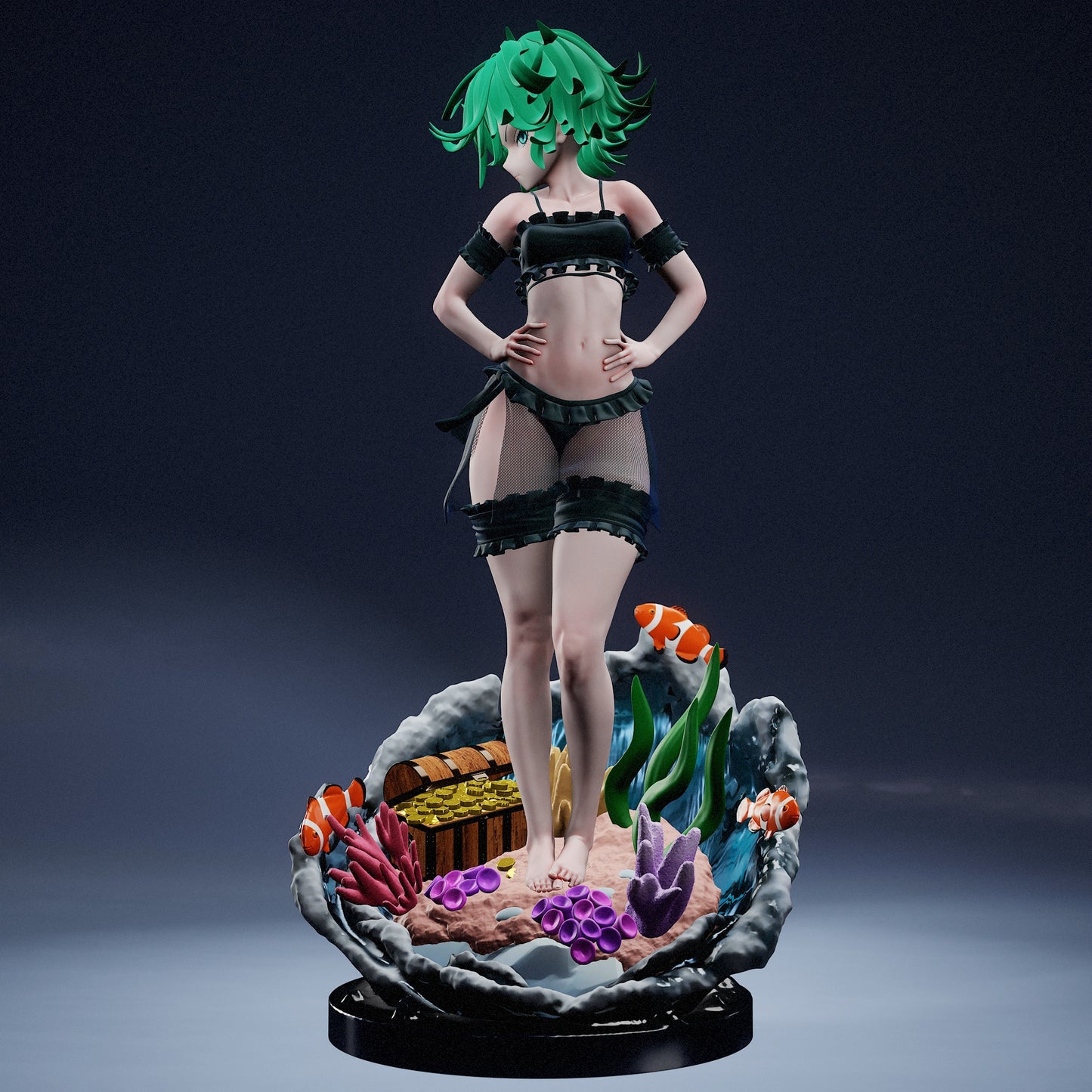 Tatsumaki One Punch Man figure front view featuring character in stylish black attire atop an ocean wave base with coral and treasure – 1:7 scale collectible statue.