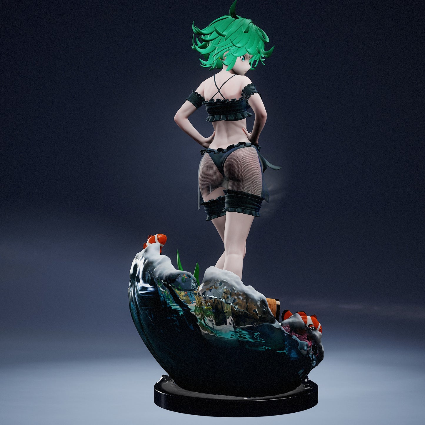 Tatsumaki One Punch Man figure rear view showing green-haired heroine in black outfit standing on coral reef base with treasure chest and clownfish – 1:7 scale collectible statue.