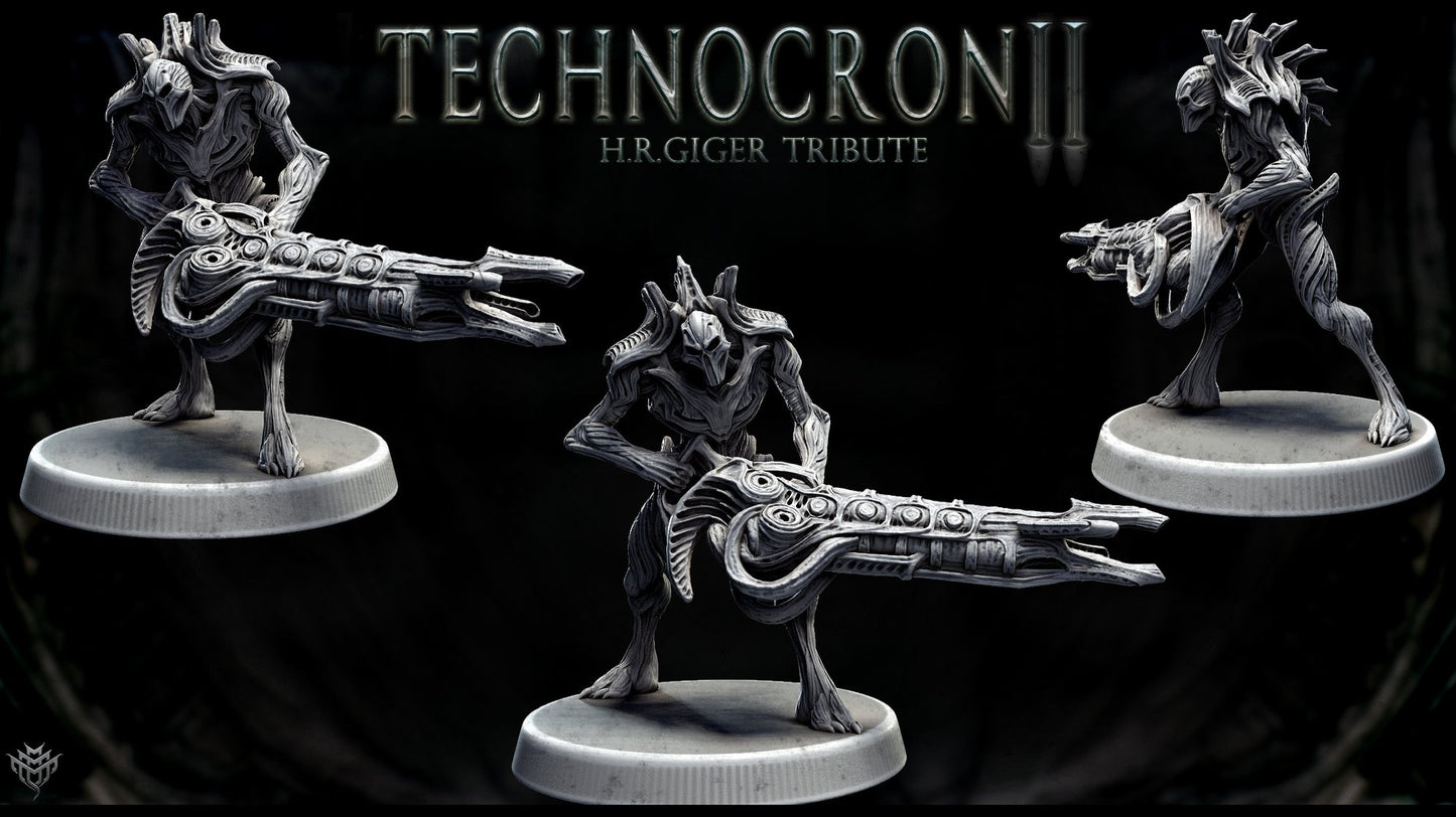 Front and side views of a Technomech Fighter holding a massive bio-weapon, inspired by H.R. Giger.