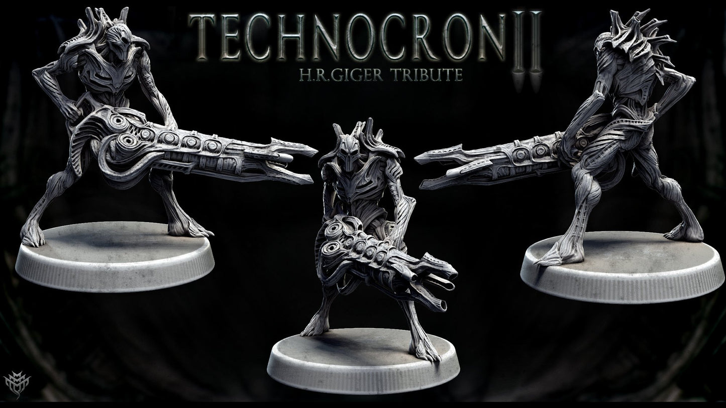 Multiple views of a Technomech Fighter, showcasing the intricate details of its alien-tech weapon and armor.