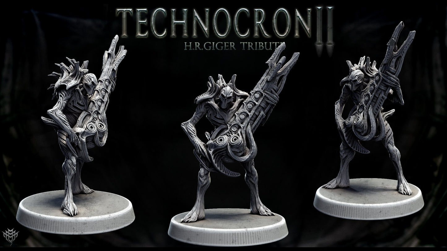 Multiple Technomech Fighters posed with various bio-mechanical weapons, standing on custom bases for display or gameplay.