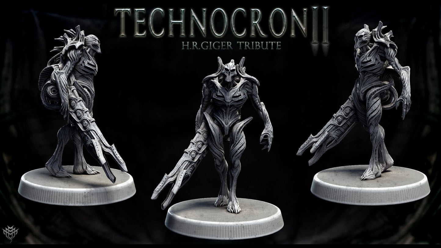 Technomech Fighter, highlighting the biomechanical elements of its armor and weaponry, standing poised for action.