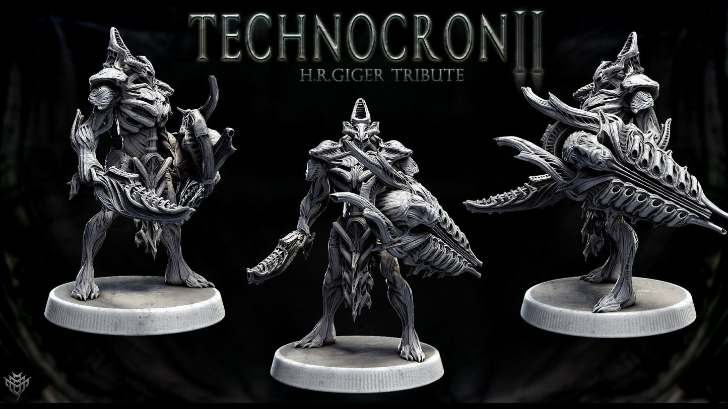 TechnoMech Pretorian holding a large biomechanical weapon in a defensive stance, showcasing intricate body armor and advanced alien design.