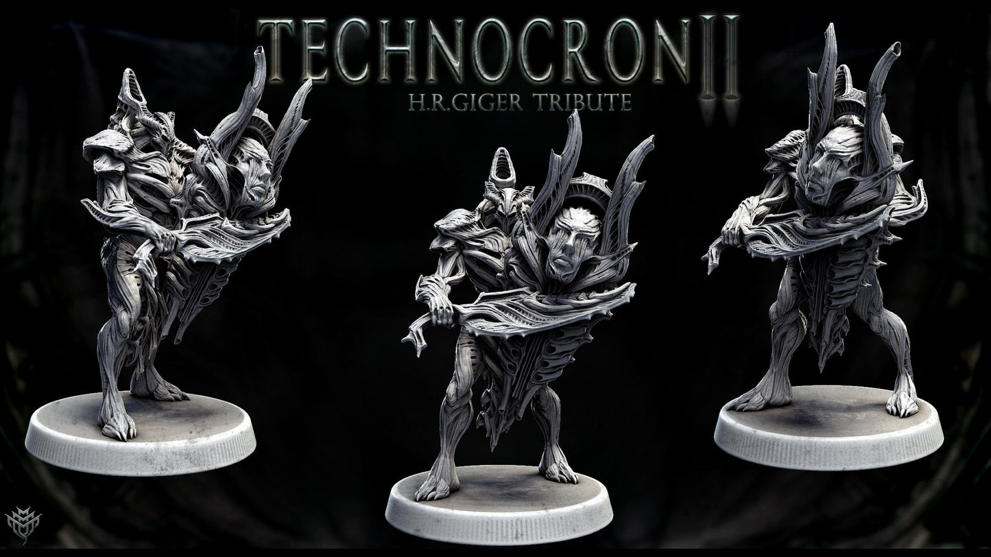 TechnoMech Pretorian standing upright, wielding a large futuristic weapon, ready for battle, displaying alien-like armor and biomechanics