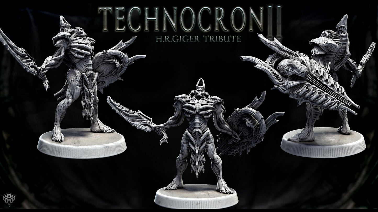 TechnoMech Pretorian crouching with a massive biomechanical gun, appearing poised to attack in an aggressive pose.