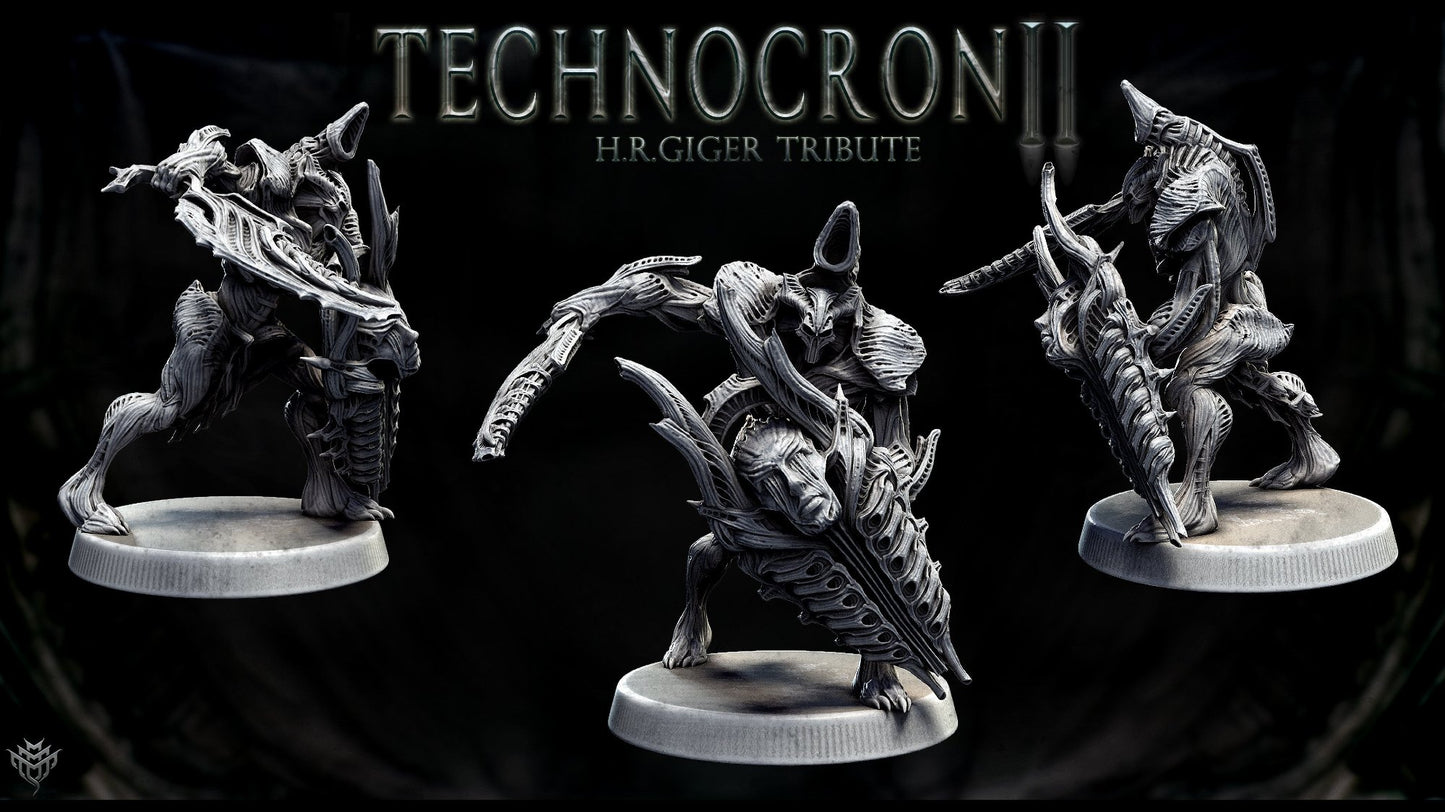 TechnoMech Pretorian crouching with a massive biomechanical sword, appearing poised to attack in an aggressive pose