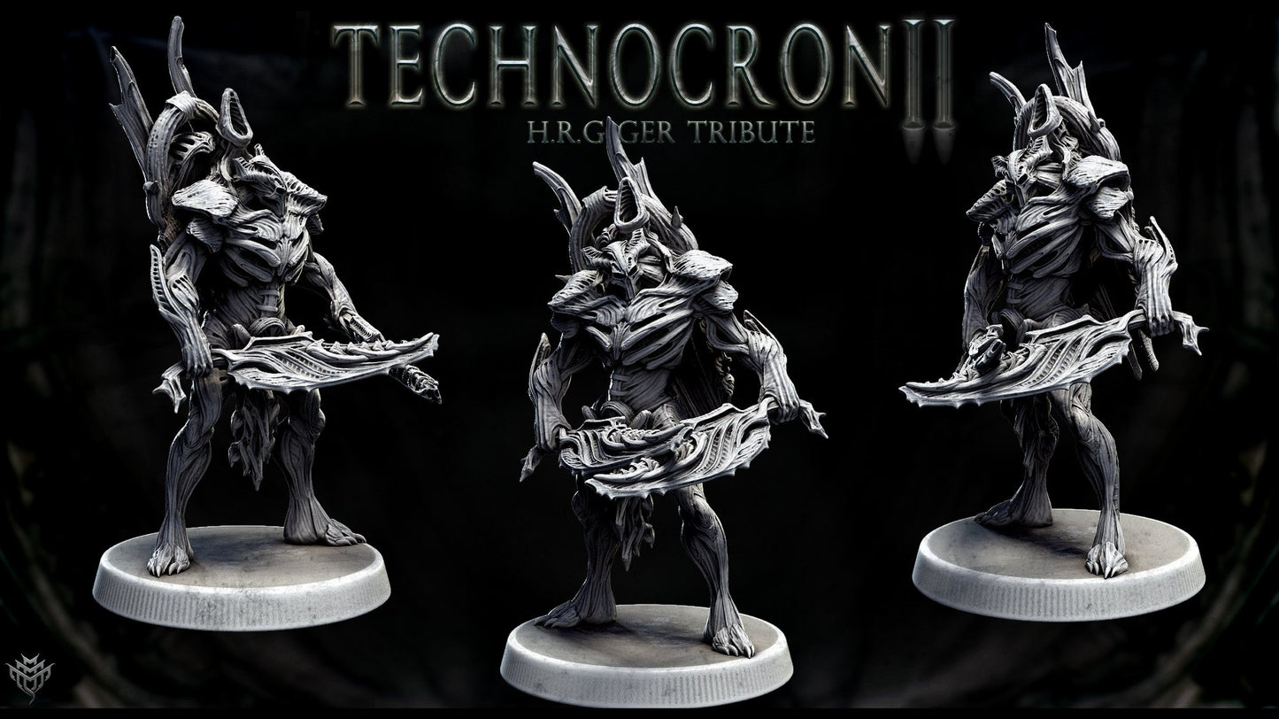 TechnoMech Pretorian holding a futuristic sword, detailed with biomechanical features and combat-ready stance.