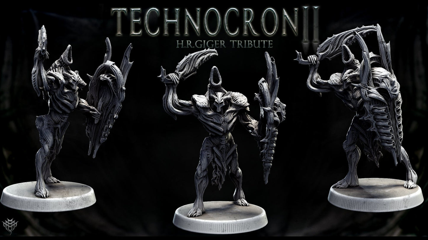 TechnoMech Pretorian ready for combat, showcasing biomechanical weapons and advanced armor, in a pose that highlights its alien origin.