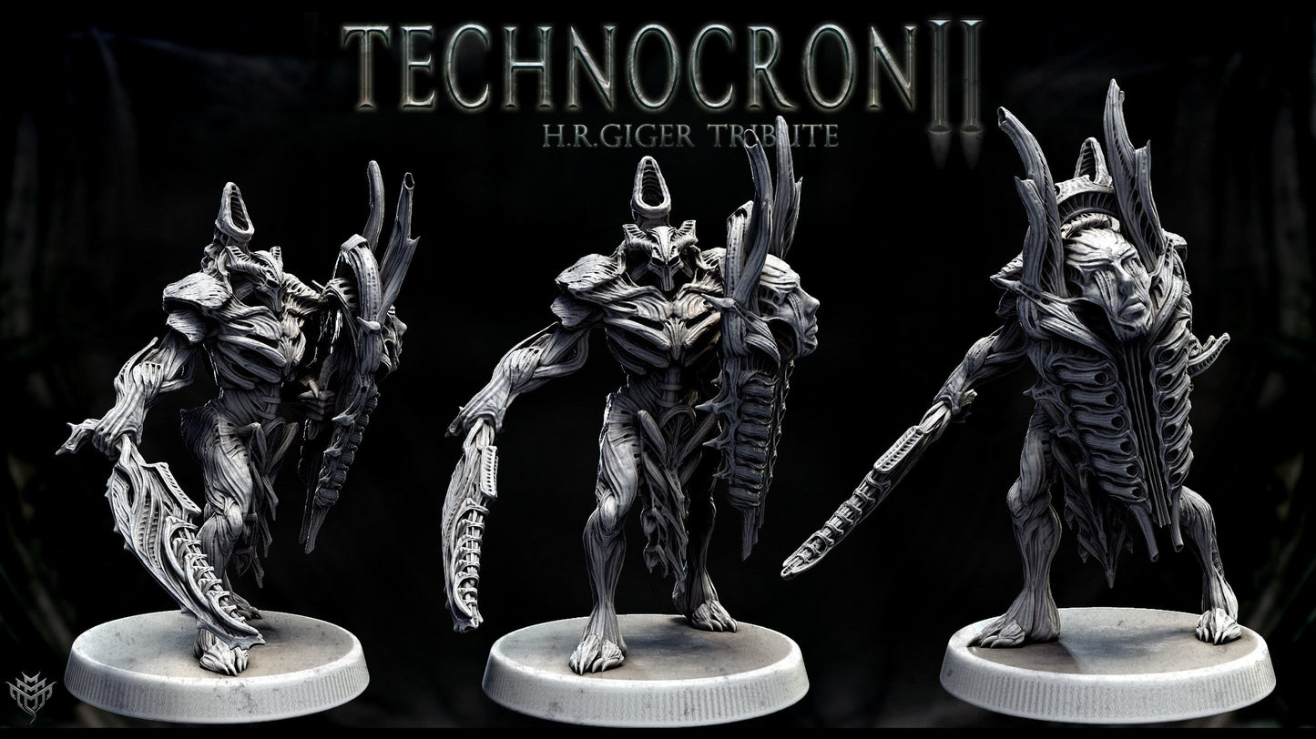 TechnoMech Pretorian holding a large shield-like weapon, prepared for defense, covered in detailed armor and biomechanical components.