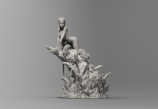 Thalassia Virelle sea elf sorcerer resin tabletop miniature aquatic female mage kneeling on coral rock with ocean wave base fantasy RPG miniature