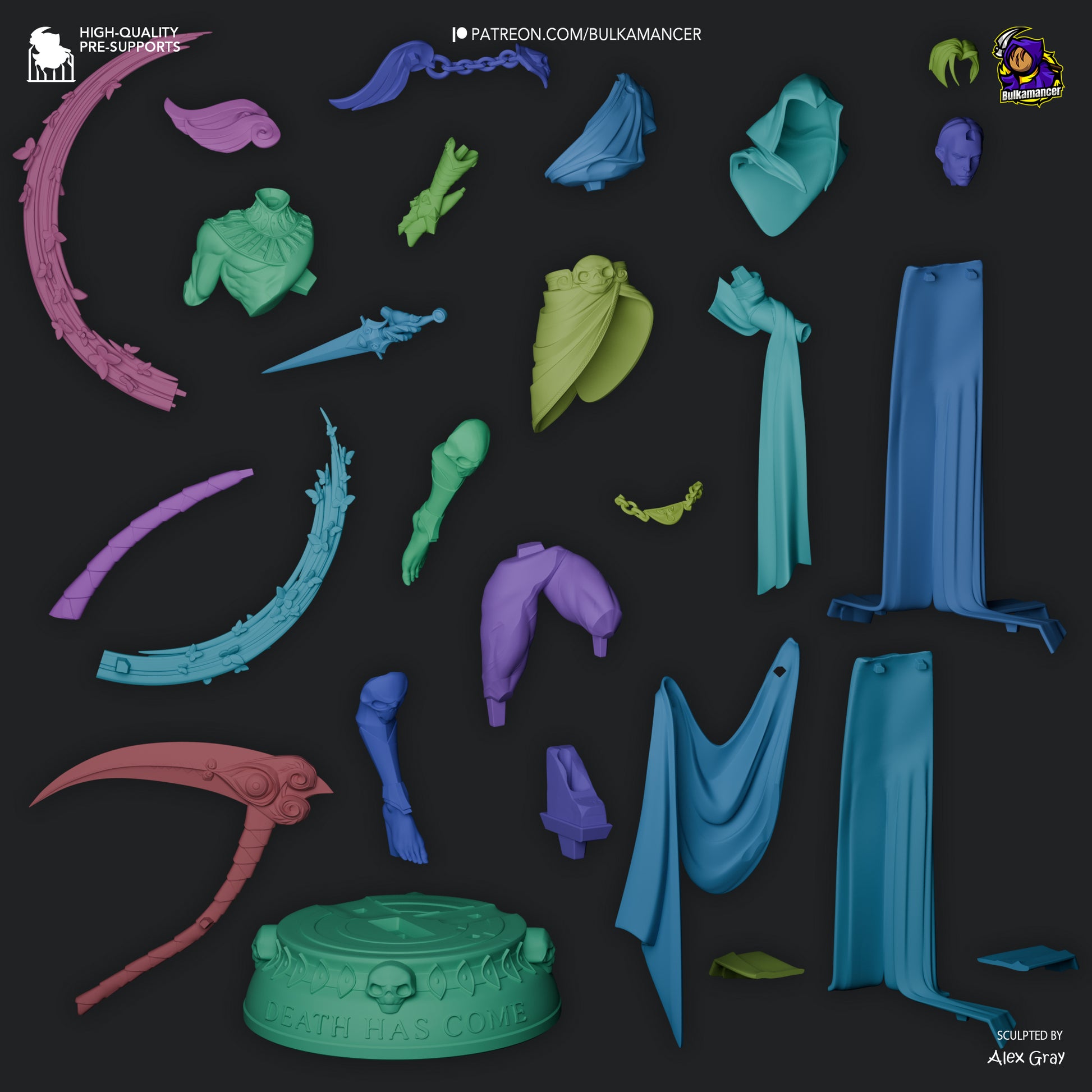 Exploded view of Thanatos 1:8 scale figure showing modular parts for assembly and painting.