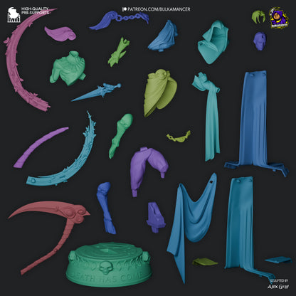 Exploded view of Thanatos 1:8 scale figure showing modular parts for assembly and painting.