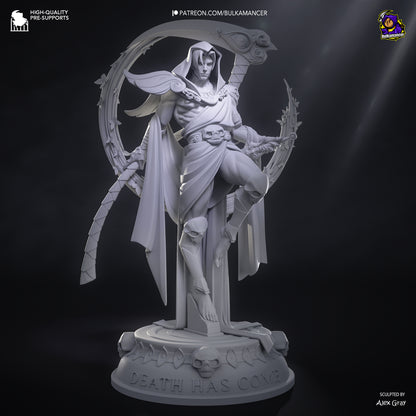Front angle of Thanatos Hades 1:8 scale collectible figure holding scythe with engraved base reading Death Has Come.