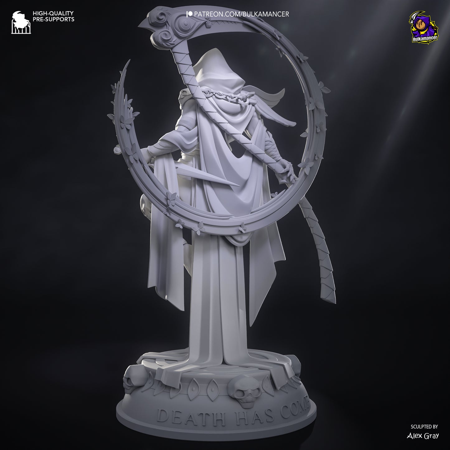 Rear view of Thanatos collectible figure showcasing cloak and scythe details.