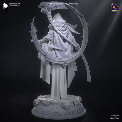 Rear view of Thanatos collectible figure showcasing cloak and scythe details.