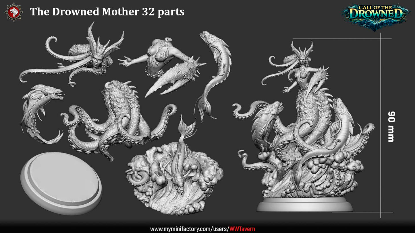 The Drowned Mother 32mm miniature parts layout showing assembly components and creature details